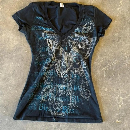 Cropped Butterfly Print T Shirt