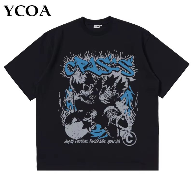 Men Tshirt Oversized Cotton Skulls Tees Y2K Tops Streetwear Goth Korean Fashion Short Sleeve Harajuku Graphic Aesthetic Clothing