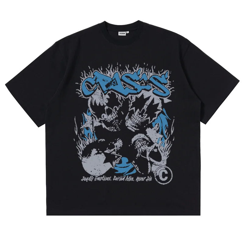 Men Tshirt Oversized Cotton Skulls Tees Y2K Tops Streetwear Goth Korean Fashion Short Sleeve Harajuku Graphic Aesthetic Clothing