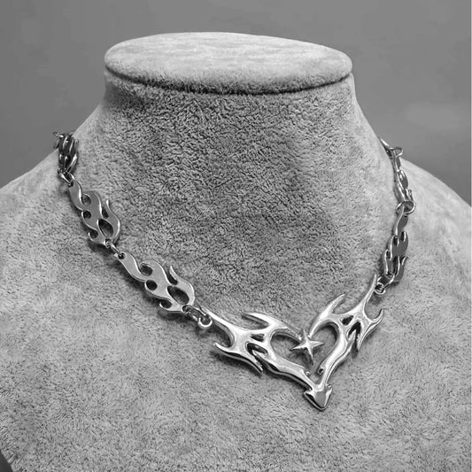 Cross Flame Heart Choker, Punk Jewelry, Gothic Accessories, Y2K, Thorns, Barbed Wire, Hippie, Flame Heart Charm, for Women Man