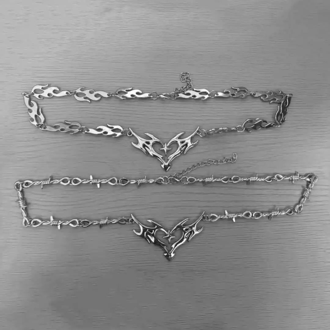 Cross Flame Heart Choker, Punk Jewelry, Gothic Accessories, Y2K, Thorns, Barbed Wire, Hippie, Flame Heart Charm, for Women Man